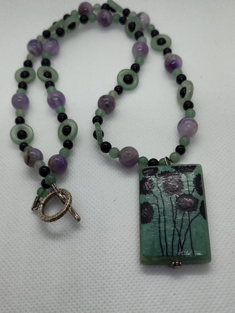 Jade, Amethyst, and Onyx Gemstones Necklace Mala Healing Stone Hand painted Jade